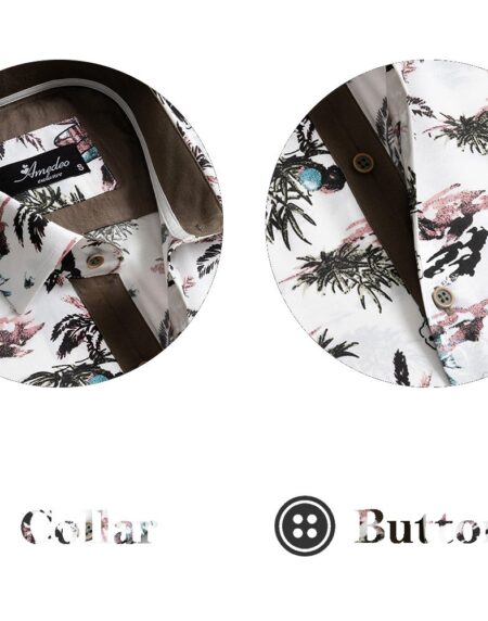 European Tailored Slim Fit Soft Cotton Men's Brown Multicolor Floral Short Sleeve Button Up Shirt - Amedeo Exclusive