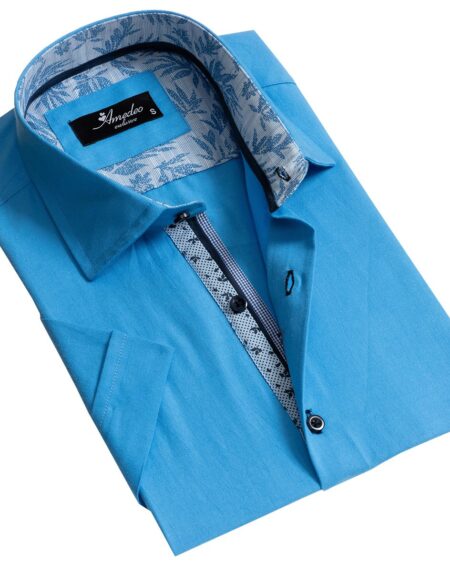 European Tailored Slim Fit Soft Cotton Men's Blue Short Sleeve Button Up Shirt - Amedeo Exclusive