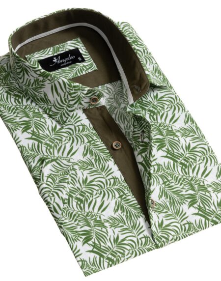 European Tailored Slim Fit Soft Cotton Men's Parrot Green Short Sleeve Button Up Shirt - Amedeo Exclusive