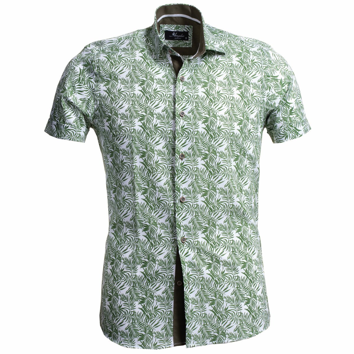 European Tailored Slim Fit Soft Cotton Men's Parrot Green Short Sleeve Button Up Shirt - Amedeo Exclusive