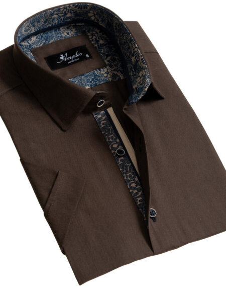 European Tailored Slim Fit Soft Cotton Men's Brown Short Sleeve Button Up Shirt - Amedeo Exclusive