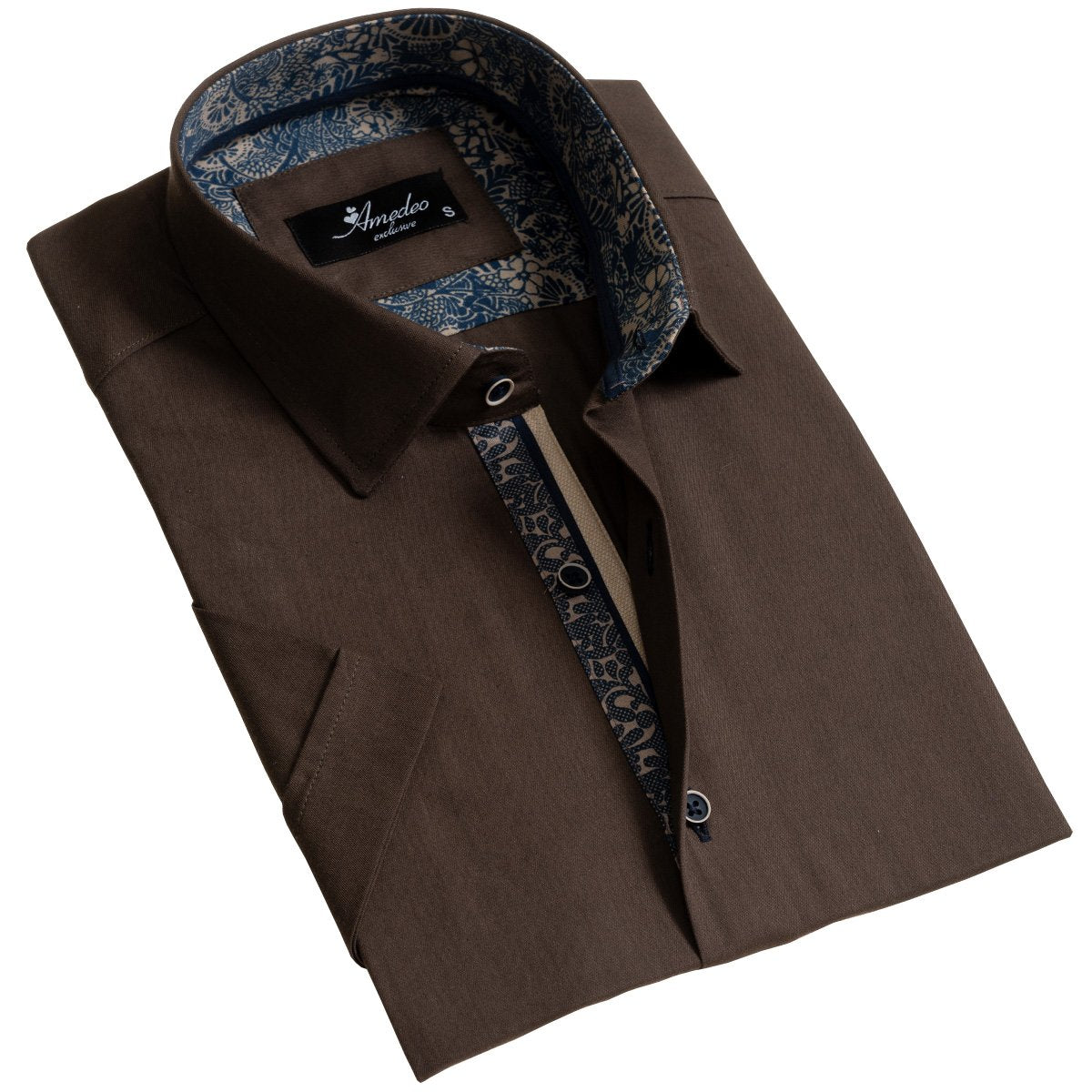 European Tailored Slim Fit Soft Cotton Men's Brown Short Sleeve Button Up Shirt - Amedeo Exclusive