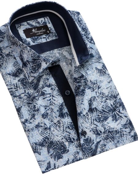 Men's Button down Tailor Fit Soft 100% Cotton Short Sleeve Dress Shirt Light Blue Floral Paisley casual And Formal - Amedeo Exclusive