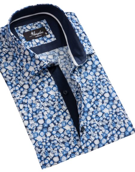 Men's Button down Tailor Fit Soft 100% Cotton Short Sleeve Dress Shirt White Blue Circles casual And Formal - Amedeo Exclusive