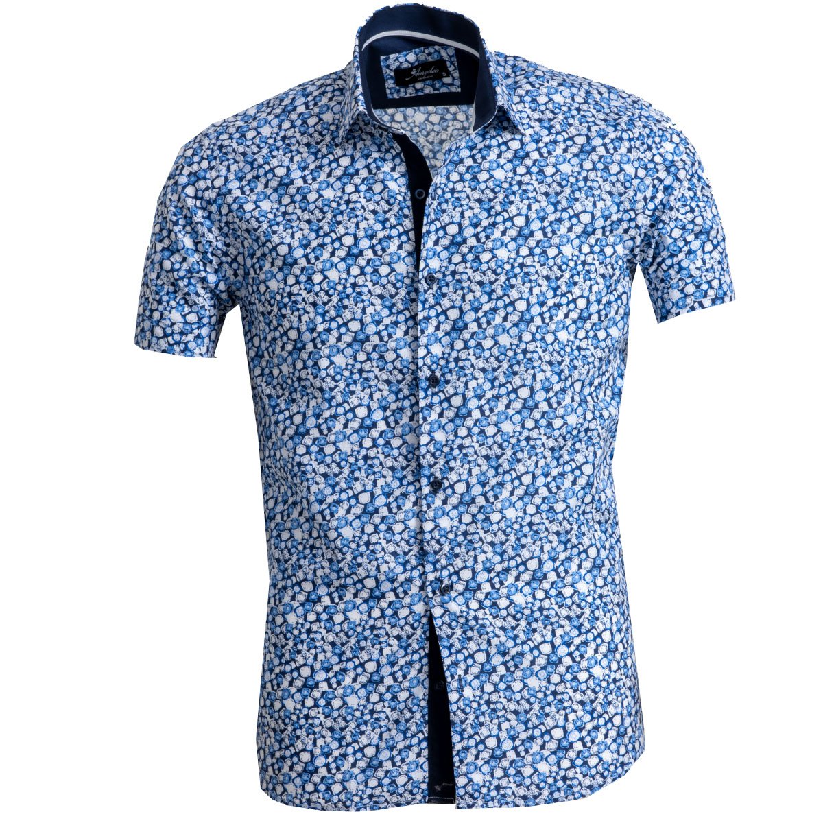 Men's Button down Tailor Fit Soft 100% Cotton Short Sleeve Dress Shirt White Blue Circles casual And Formal - Amedeo Exclusive