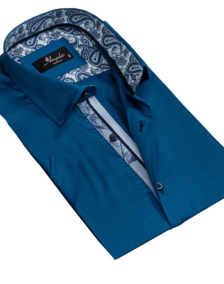 Men's Button down Tailor Fit Soft 100% Cotton Short Sleeve Dress Shirt Solid Medium Blue casual And Formal - Amedeo Exclusive