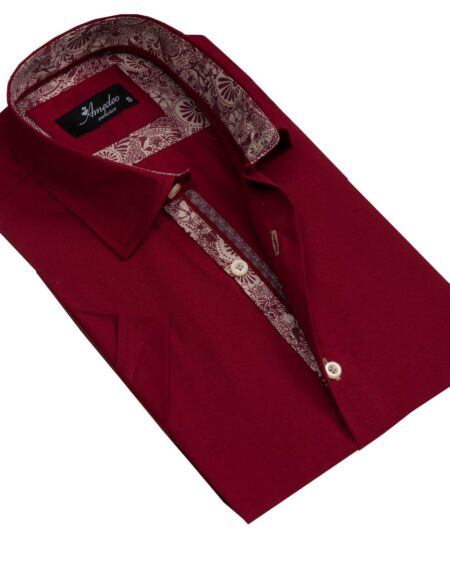 Men's Button down Tailor Fit Soft 100% Cotton Short Sleeve Dress Shirt Solid Burgundy casual And Formal - Amedeo Exclusive