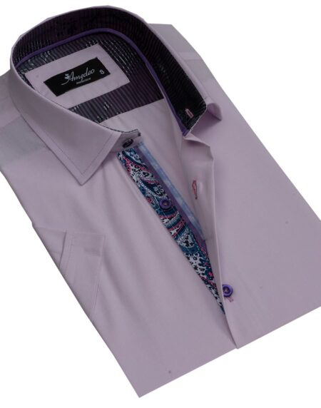 Men's Button down Tailor Fit Soft 100% Cotton Short Sleeve Dress Shirt Solid Light Purple casual And Formal - Amedeo Exclusive