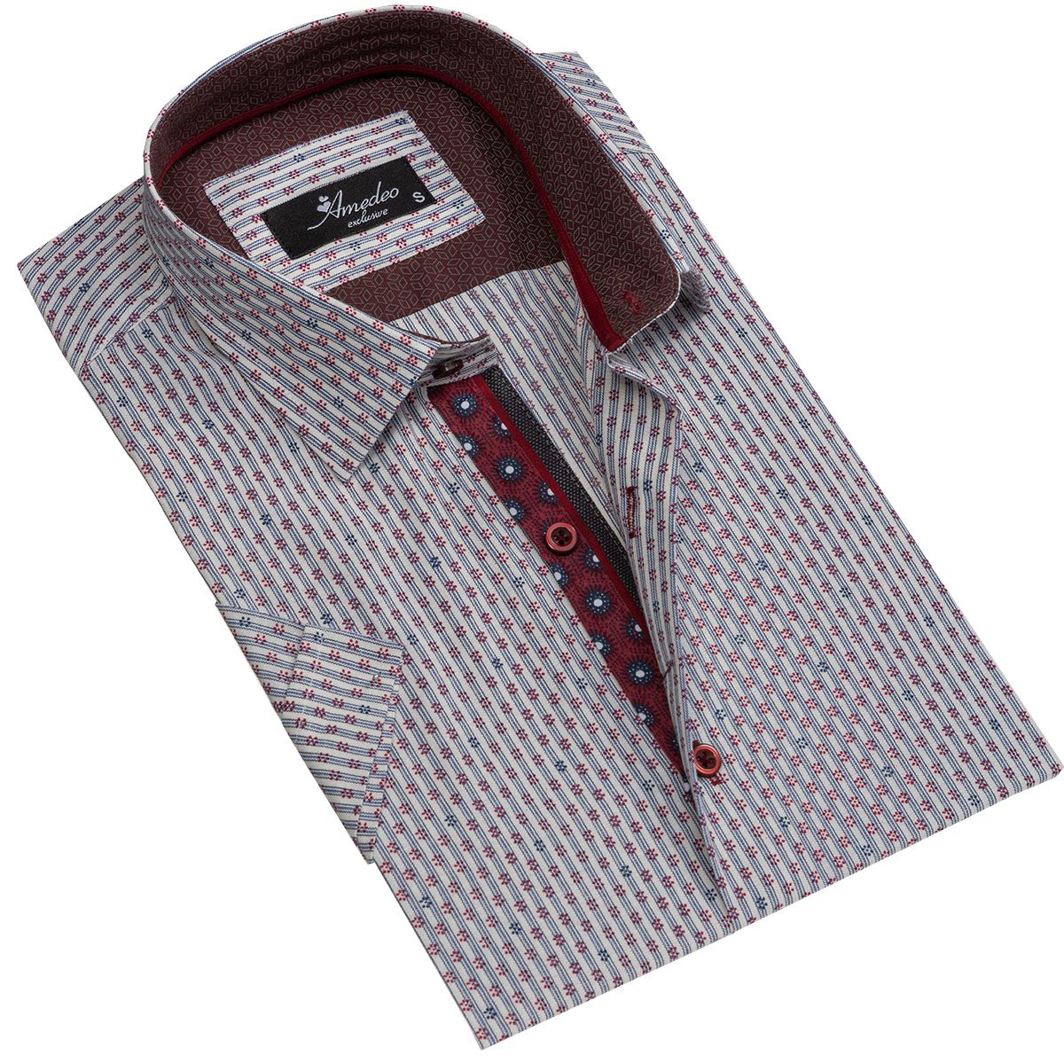 Men's Button down Tailor Fit Soft 100% Cotton Short Sleeve Dress Shirt Beige Burgundy casual And Formal - Amedeo Exclusive