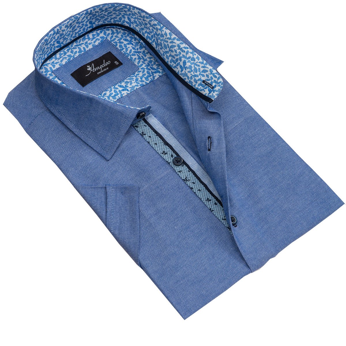 Men's Button down Tailor Fit Soft 100% Cotton Short Sleeve Dress Shirt Denim Blue casual And Formal - Amedeo Exclusive