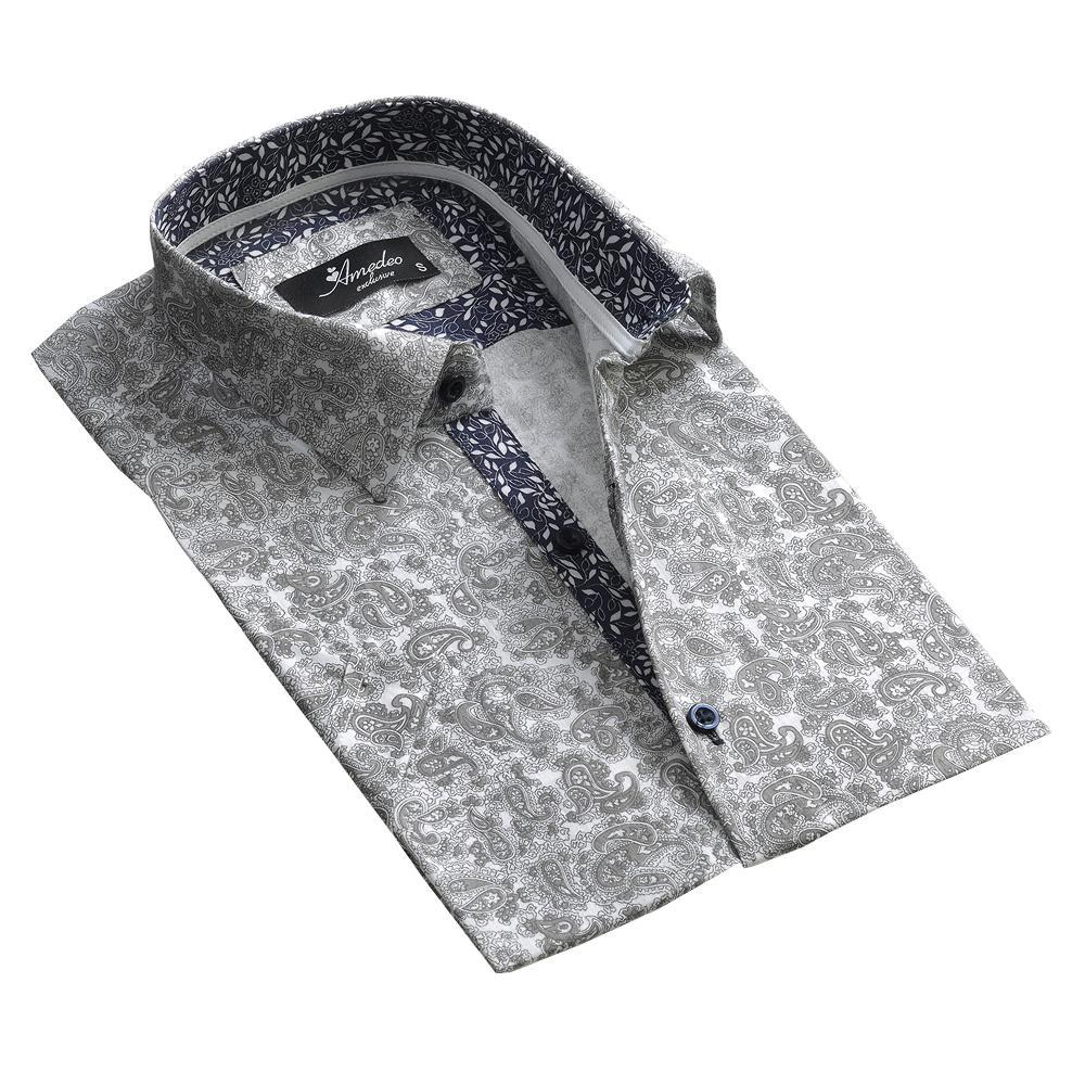 Men's Button down Tailor Fit Soft 100% Cotton Short Sleeve Dress Shirt Light Grey Floral casual And Formal - Amedeo Exclusive