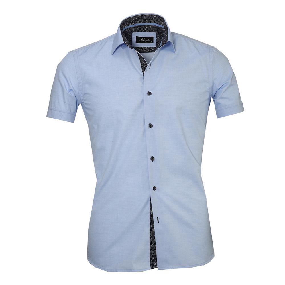 Men's Button down Tailor Fit Soft 100% Cotton Short Sleeve Dress Shirt Solid Light Blue casual And Formal - Amedeo Exclusive