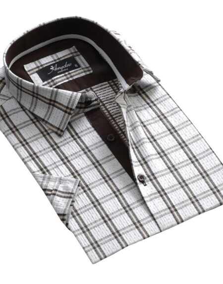 Men's Button down Tailor Fit Soft 100% Cotton Short Sleeve Dress Shirt White Check casual And Formal - Amedeo Exclusive