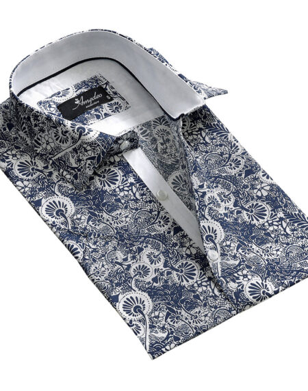 Men's Button down Tailor Fit Soft 100% Cotton Short Sleeve Dress Shirt White with Dark Blue Floral casual And Formal - Amedeo Exclusive