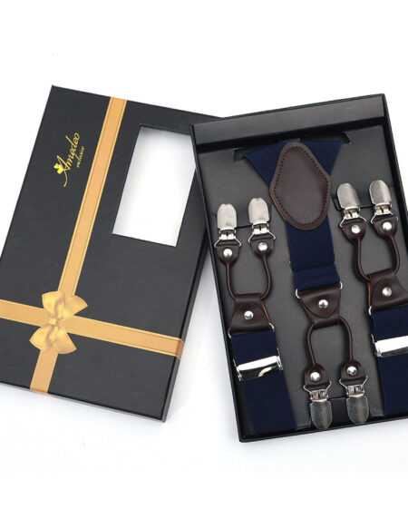 Men's Dual Clip Y Back Navy Blue Check High Quality Premium Suspenders - Amedeo Exclusive