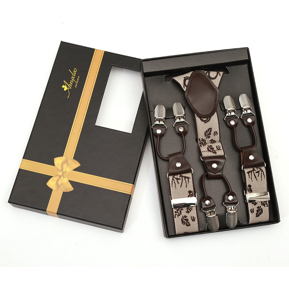 Men's Dual Clip Y Back Adjustable Strap Light Tan High Quality Premium Suspenders - Amedeo Exclusive