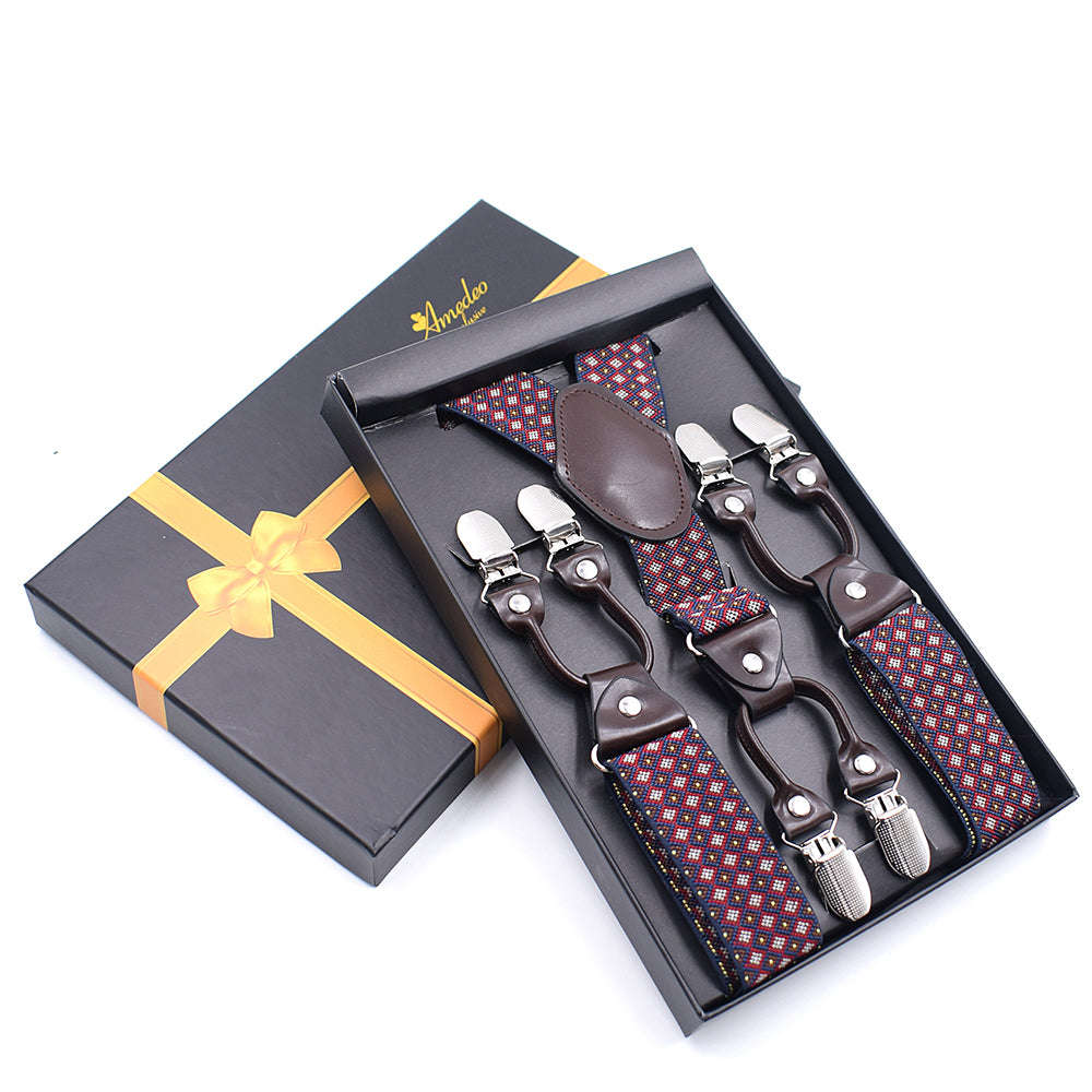 Men's Dual Clip Y Back Burgundy Check High Quality Premium Suspenders - Amedeo Exclusive