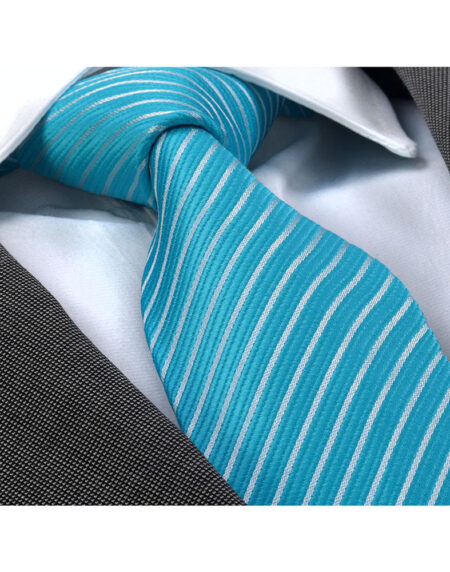 Men's jacquard Turqouise Blue White Lines Premium Neck Tie With Gift Box - Amedeo Exclusive
