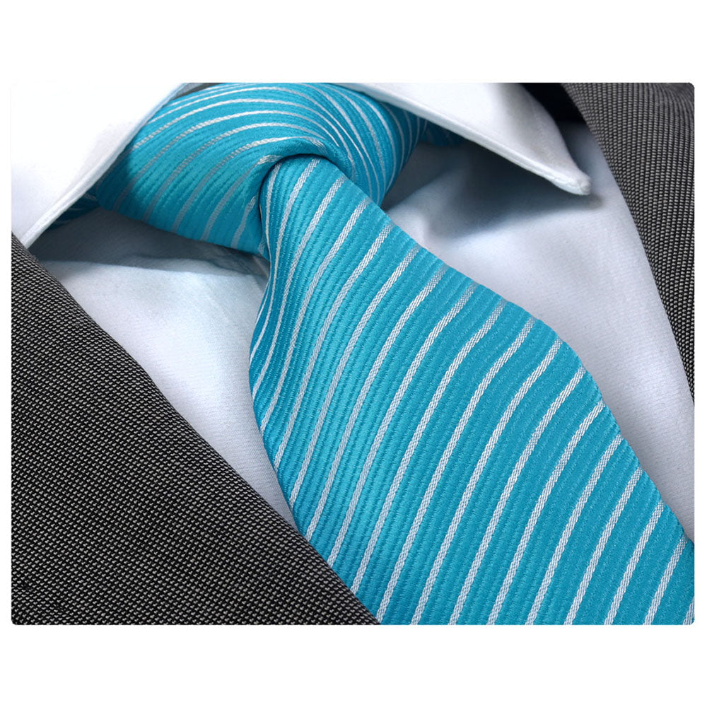 Men's jacquard Turqouise Blue White Lines Premium Neck Tie With Gift Box - Amedeo Exclusive