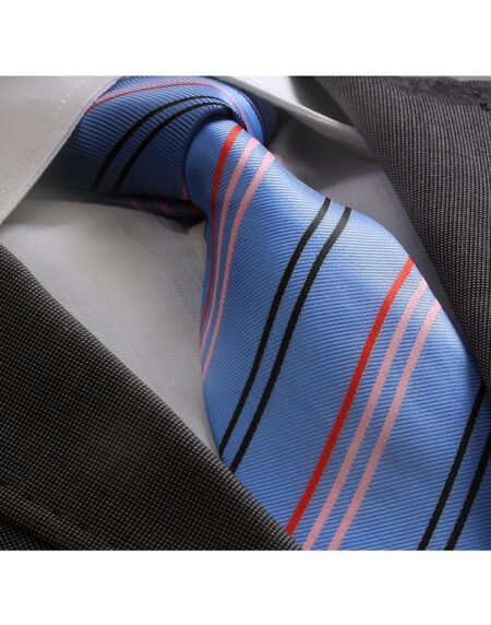 Men's jacquard Blue with Red Black & Pink Lines Premium Neck Tie With Gift Box - Identical - Amedeo Exclusive