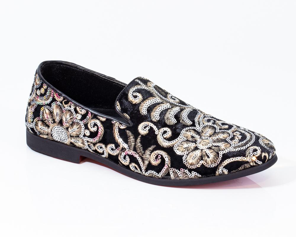 Premium Black And Golden Floral Loafers for men designer slip on casual / dress shoes – Luxury - Amedeo Exclusive