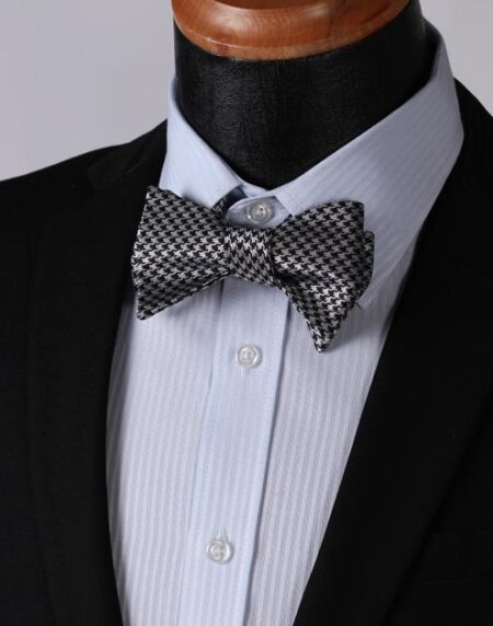 Black With Silver Check Mens Silk Self tie Bow Tie with Pocket Squares Set - Amedeo Exclusive