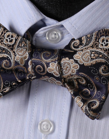Gold Navy Blue Paisley Mens Silk Self tie Bow Tie with Pocket Squares Set - Amedeo Exclusive