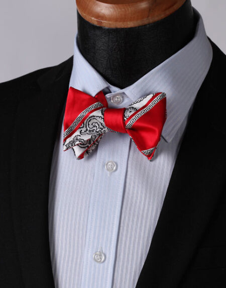 Red White Paisley Mens Silk Self tie Bow Tie with Pocket Squares Set - Amedeo Exclusive