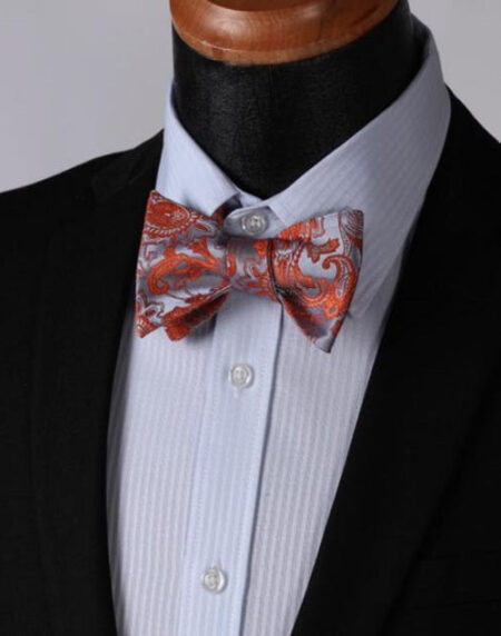 Orange Gray Paisley Mens Silk Self tie Bow Tie with Pocket Squares Set