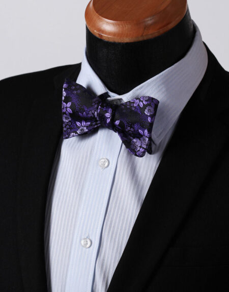 Men's Purple Floral Silk Self Bow Tie & Handkerchief - Amedeo Exclusive