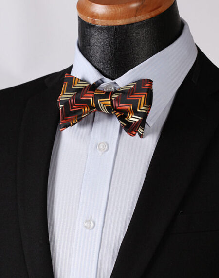 Orange Black Stripe Mens Silk Self tie Bow Tie with Pocket Squares Set - Amedeo Exclusive