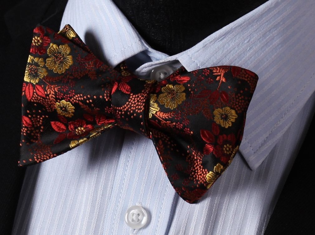 Men's Silk Orange Floral Self Bow Tie Pocket Handkerchief - Amedeo Exclusive