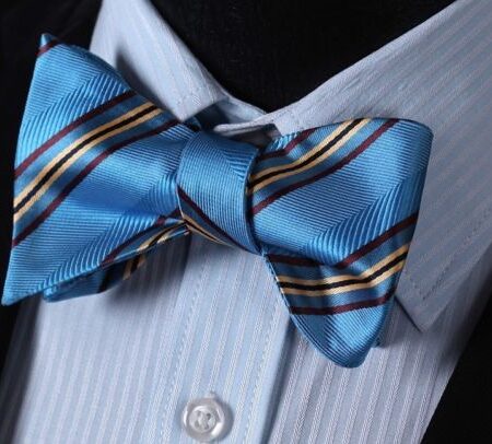 Men's Silk Blue Yellow Stripe Self  Bow Tie Pocket Handkerchief - Amedeo Exclusive
