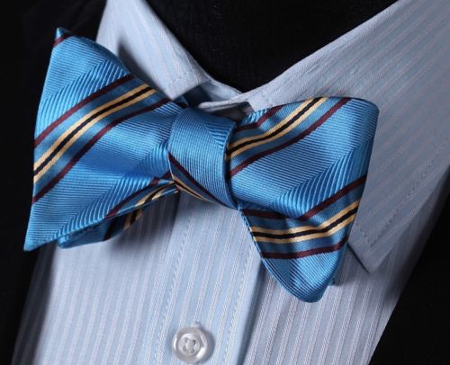 Men's Silk Blue Yellow Stripe Self Bow Tie Pocket Handkerchief - Amedeo Exclusive