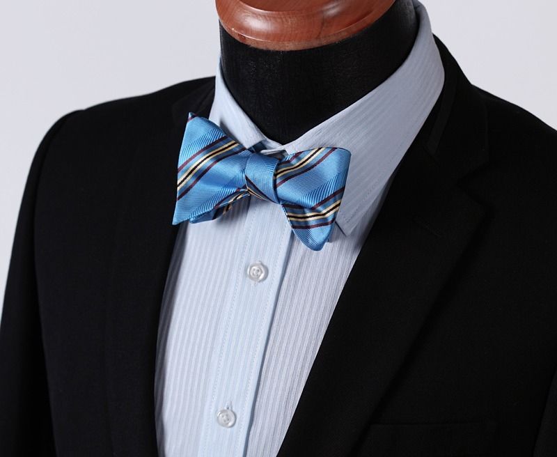 Men's Silk Blue Yellow Stripe Self Bow Tie Pocket Handkerchief - Amedeo Exclusive