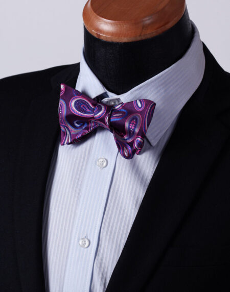 Purple Blue Paisley Mens Silk Self tie Bow Tie with Pocket Squares Set - Amedeo Exclusive