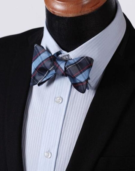 Blue Red Check Mens Silk Self tie Bow Tie with Pocket Squares Set