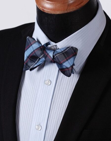 Blue Red Check Mens Silk Self tie Bow Tie with Pocket Squares Set - Amedeo Exclusive
