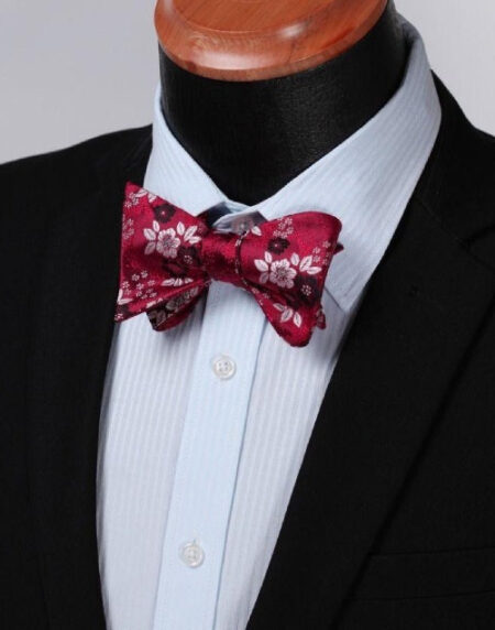 Red Silver Floral Check Mens Silk Self tie Bow Tie with Pocket Squares Set