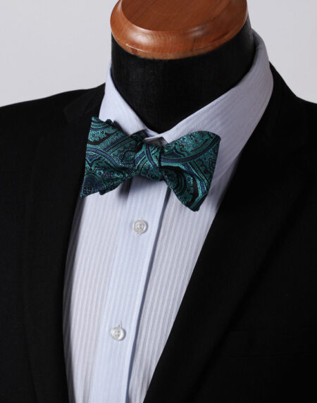Men's Silk Aqua Floral check Self  Bow Tie with Pocket Handkerchief - Amedeo Exclusive