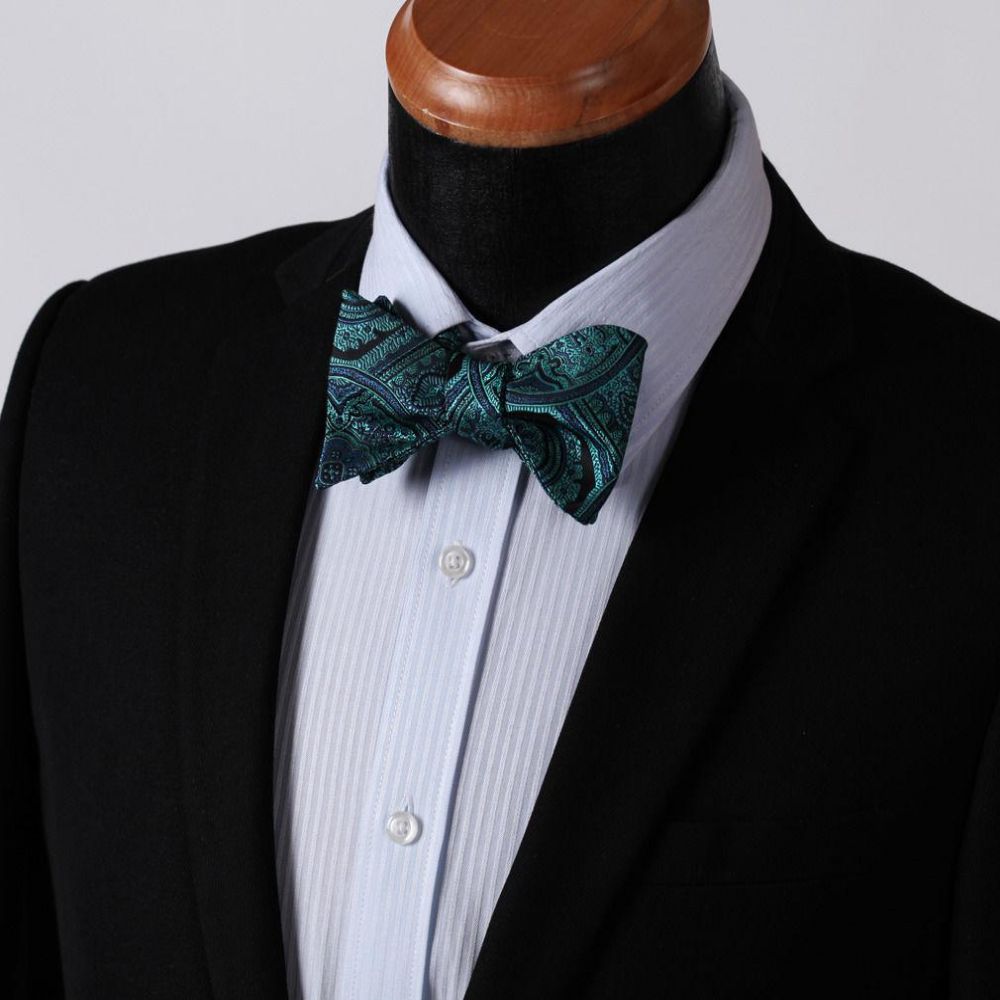 Aqua Floral Check Mens Silk Self tie Bow Tie with Pocket Squares Set - Image 4