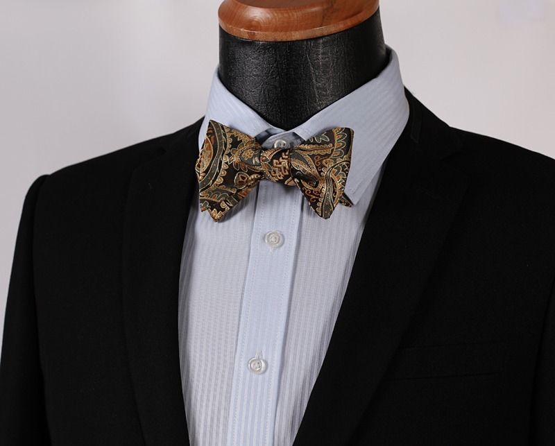 Men's Silk Gold Paisley Floral Self Bow Tie Pocket Handkerchief - Amedeo Exclusive