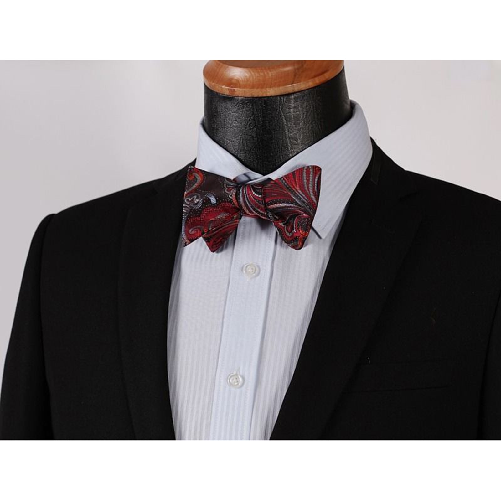 Men's Silk Red Gray Floral Self  Bow Tie Pocket Handkerchief - Amedeo Exclusive