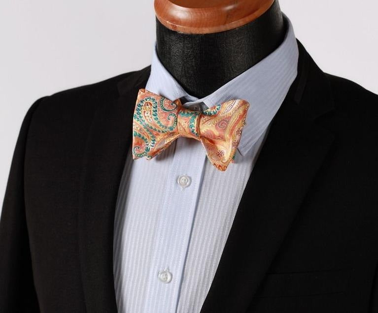 Orage Green Paisley Mens Silk Self tie Bow Tie with Pocket Squares Set