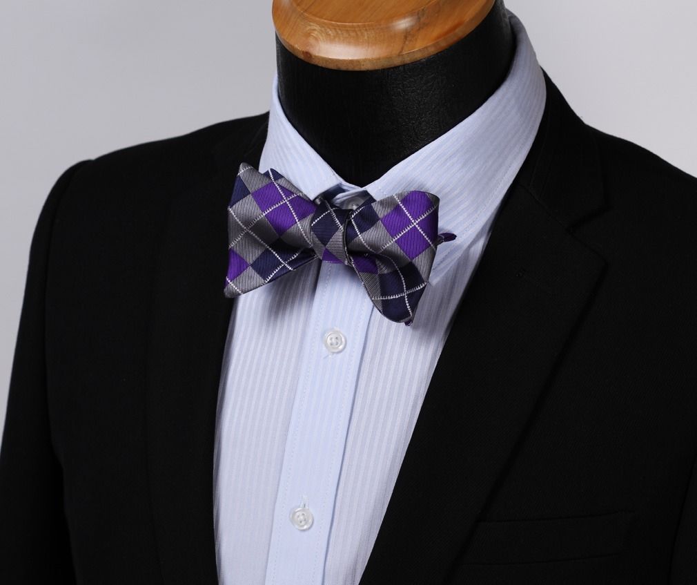 Purple Navy Blue Check Mens Silk Self tie Bow Tie with Pocket Squares Set - Amedeo Exclusive