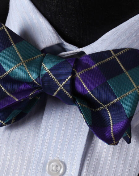 Men's Silk Aqua Purple Check Self Bow Tie Handkerchief - Amedeo Exclusive