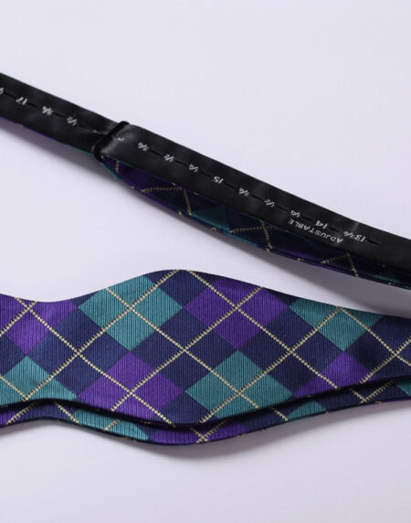 Men's Silk Aqua Purple Check Self Bow Tie Handkerchief - Amedeo Exclusive