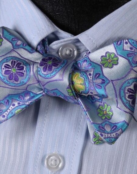 Men's Blue and Yellow Floral Silk Self Tie Bow Tie with Pocket Handkerchief - Amedeo Exclusive