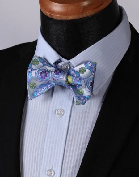 Men's Blue and Yellow Floral Silk Self Tie Bow Tie with Pocket Handkerchief - Amedeo Exclusive