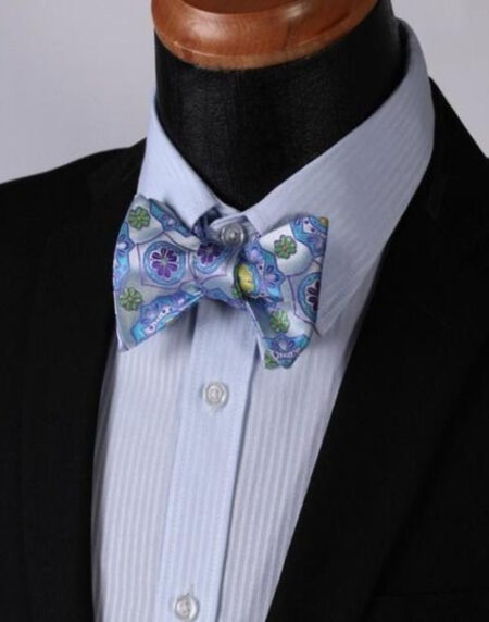 Blue and Yellow Floral Mens Silk Self tie Bow Tie with Pocket Squares Set